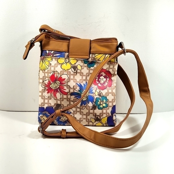 Rosetti Floral Canvas Crossbody Bag with Tan Faux Leather Trim – Boho Chic Purse - Picture 3 of 7